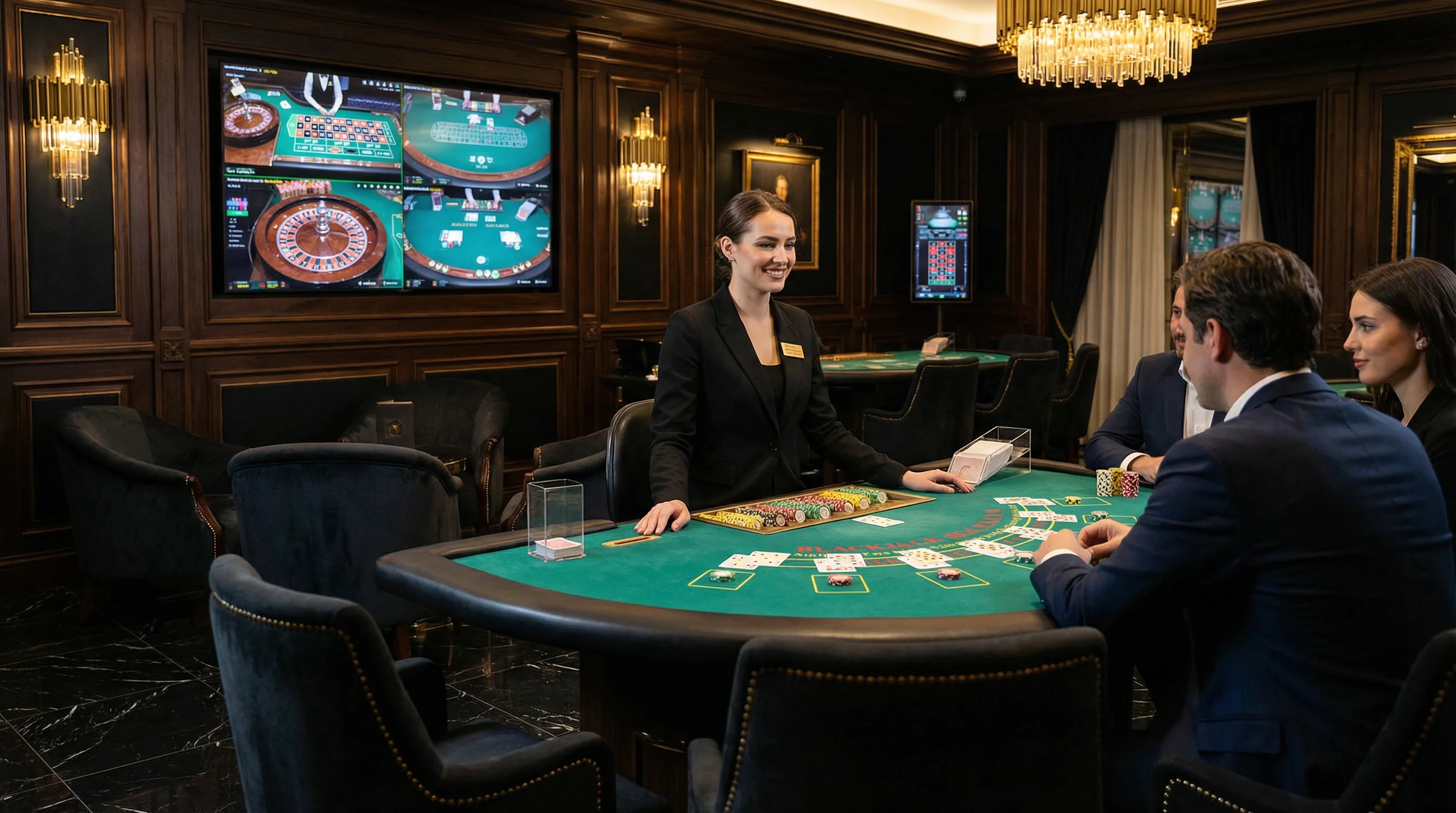 Sala de cassino ao vivo com dealer profissional e mesas de blackjack